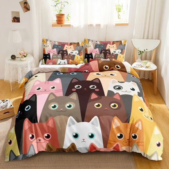 3PCS Single- Sided Printed Bedding Set, Cartoon Cat Duvet cover, Two Pillowcases