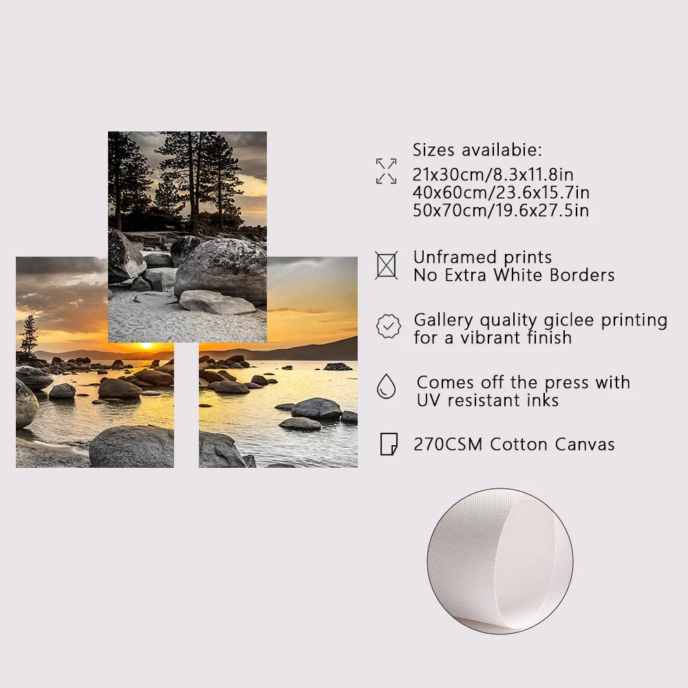 3PCS Frameless Canvas Paintings, Sunset beach, Beautiful Colors