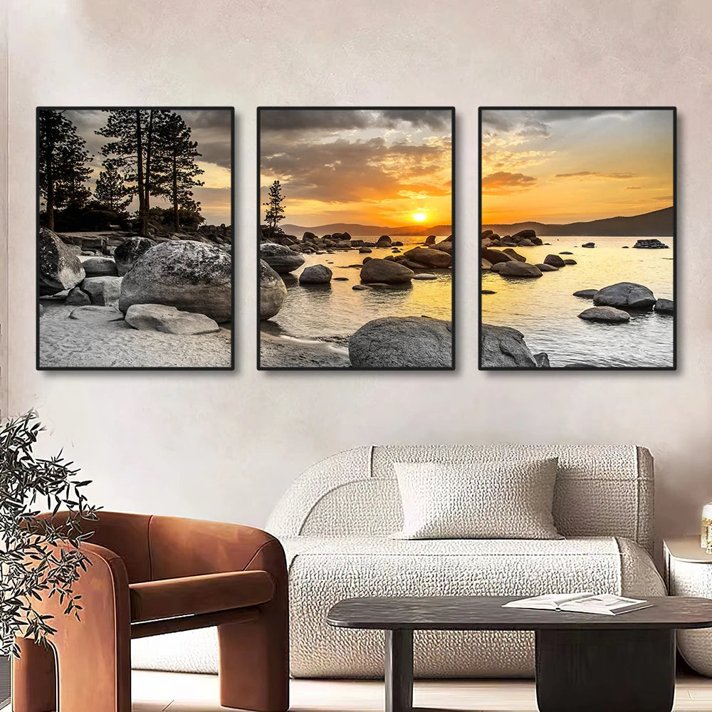 3PCS Frameless Canvas Paintings, Sunset beach, Beautiful Colors