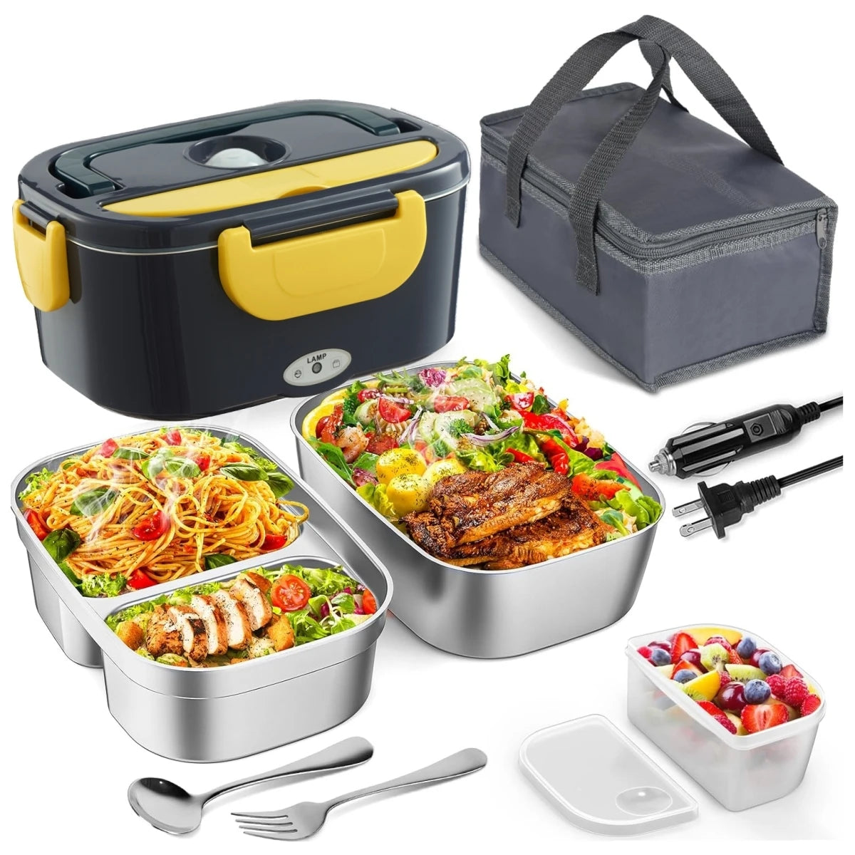 Electric Lunch Box for Adults-60W Fast Heated Lunch Box for Men & Women with Dual 1.5LStainless Steel Containers Fast Heating Portable