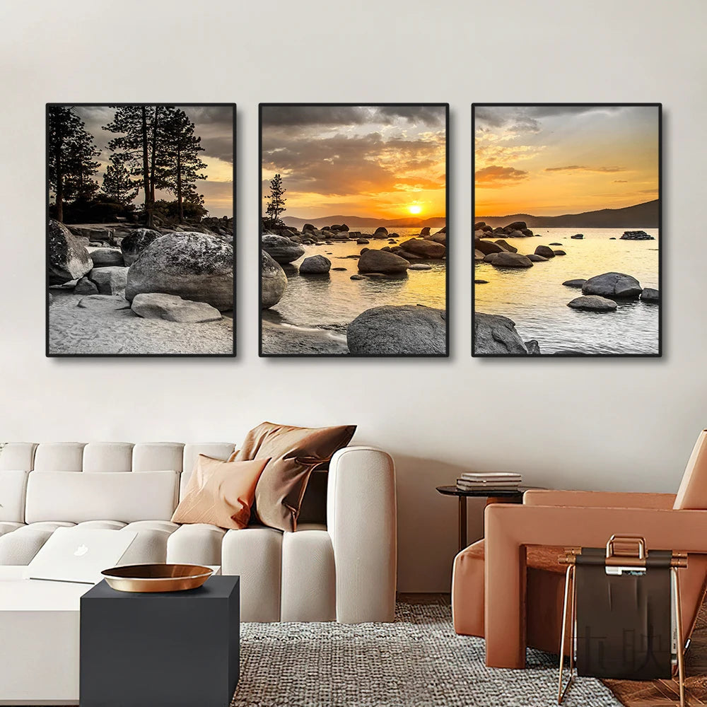 3PCS Frameless Canvas Paintings, Sunset beach, Beautiful Colors