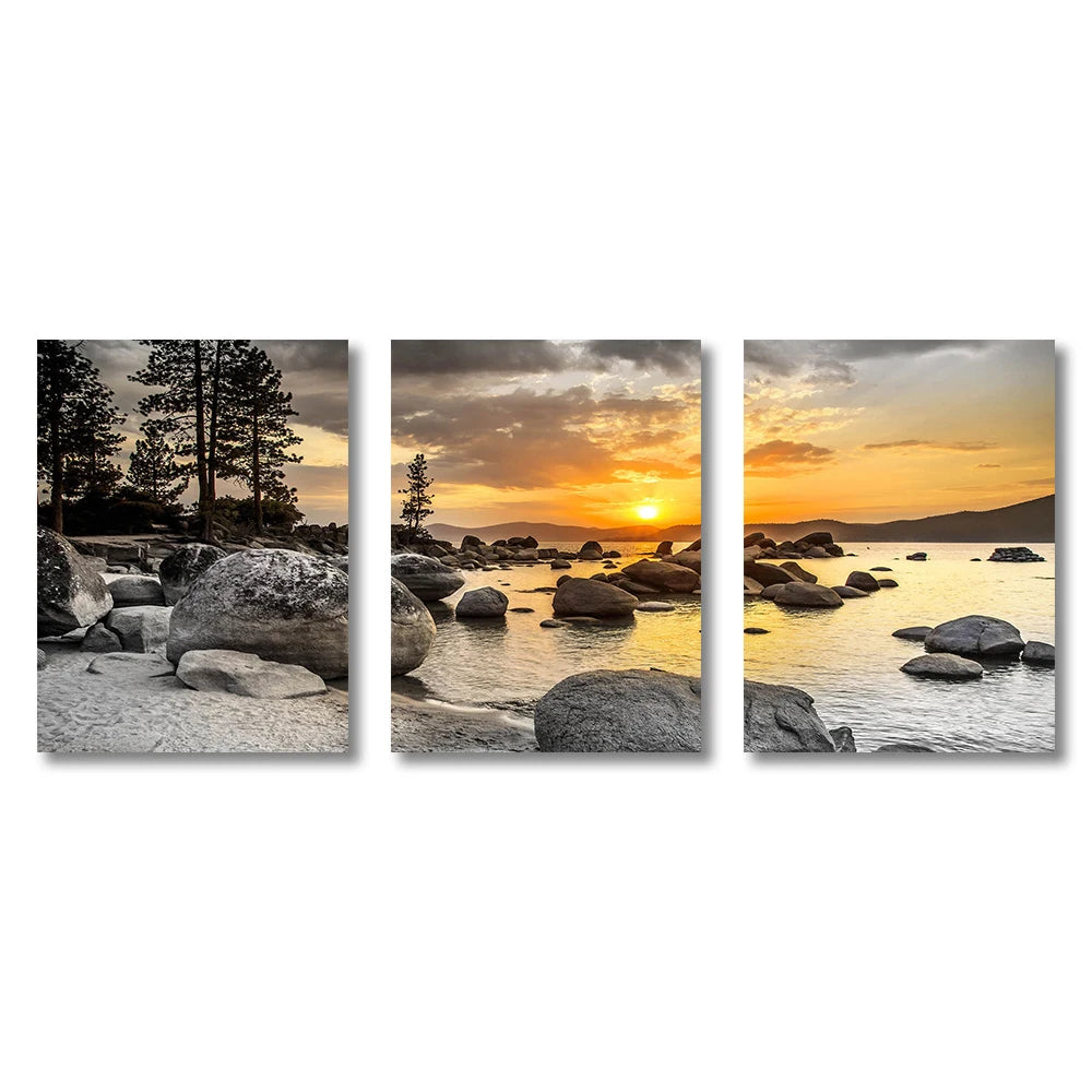 3PCS Frameless Canvas Paintings, Sunset beach, Beautiful Colors