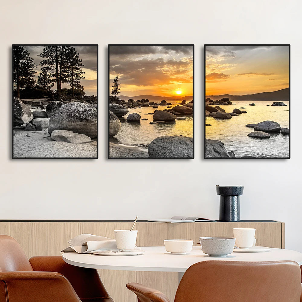 3PCS Frameless Canvas Paintings, Sunset beach, Beautiful Colors