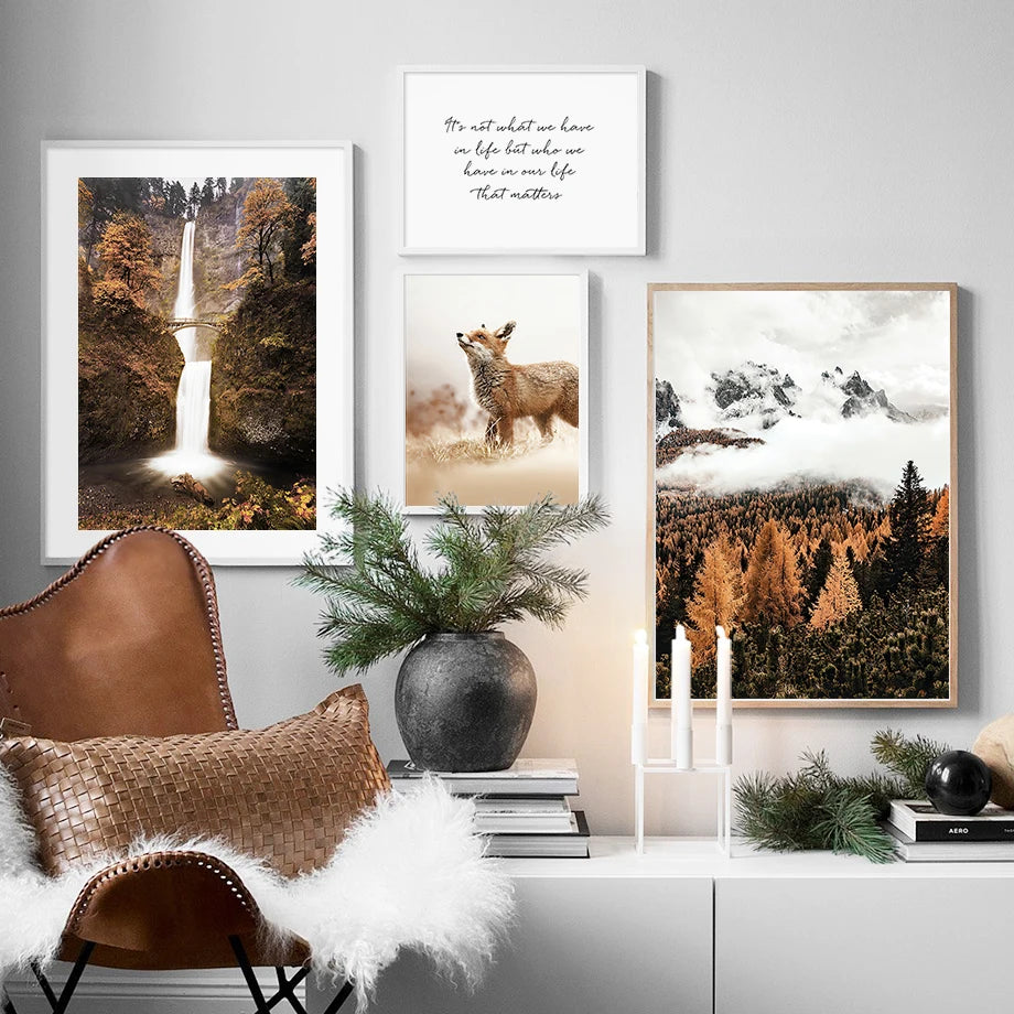 Wall Art Canvas Painting Fall Hill Pine Forest Fox Deer Wolf Nordic Posters And Prints Wall Pictures For Living Room Home Decor