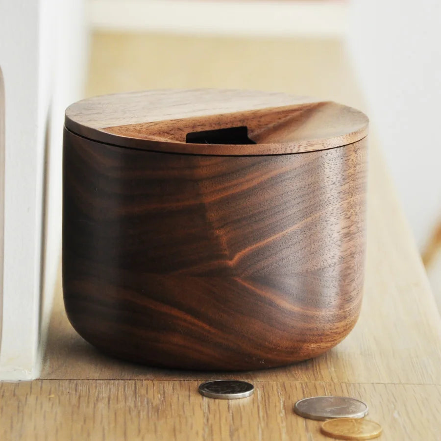Japan Style Black Walnut Bank for Coins With Lid