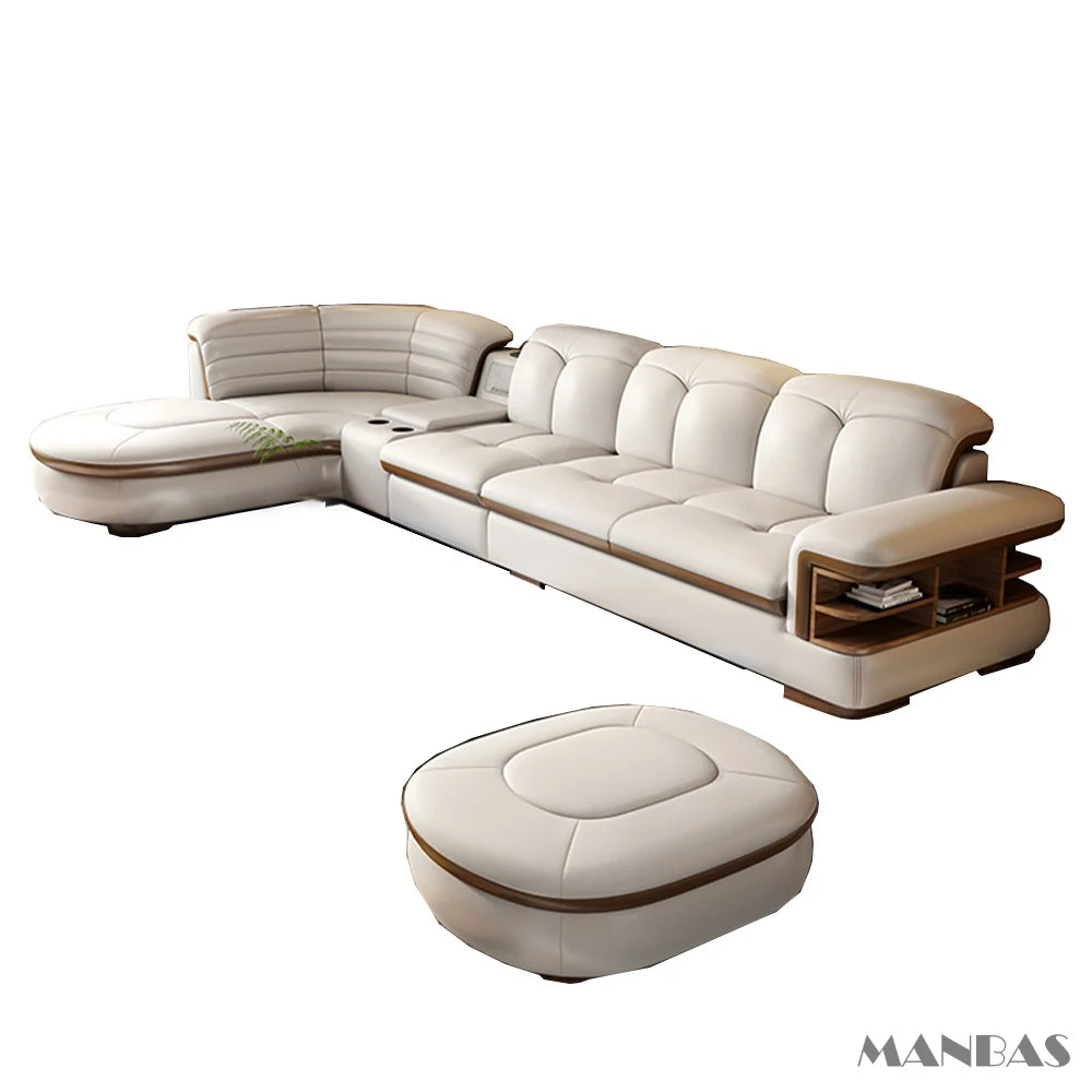 Luxury L-Shaped Genuine  Leather Sectional Sofa, USB, Bluetooth Speaker