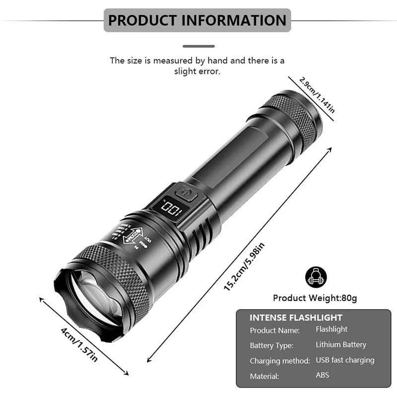 Rechargeable LED Flashlight Zoomable Torch COB Side Led 7 Modes Waterproof High Power, Outdoor