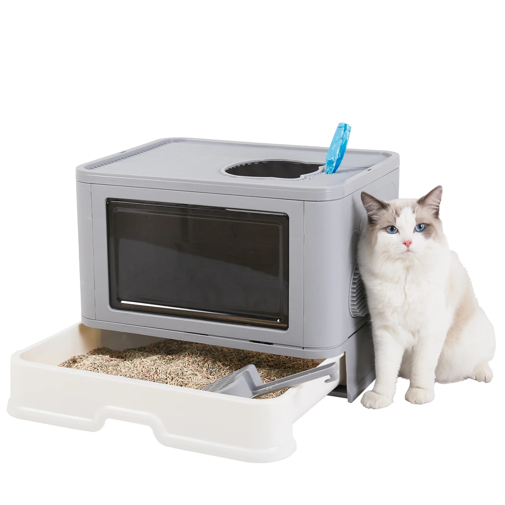 Litter Box, Top and Side Entry/Exit, Foldable Pull Out Litter Tray