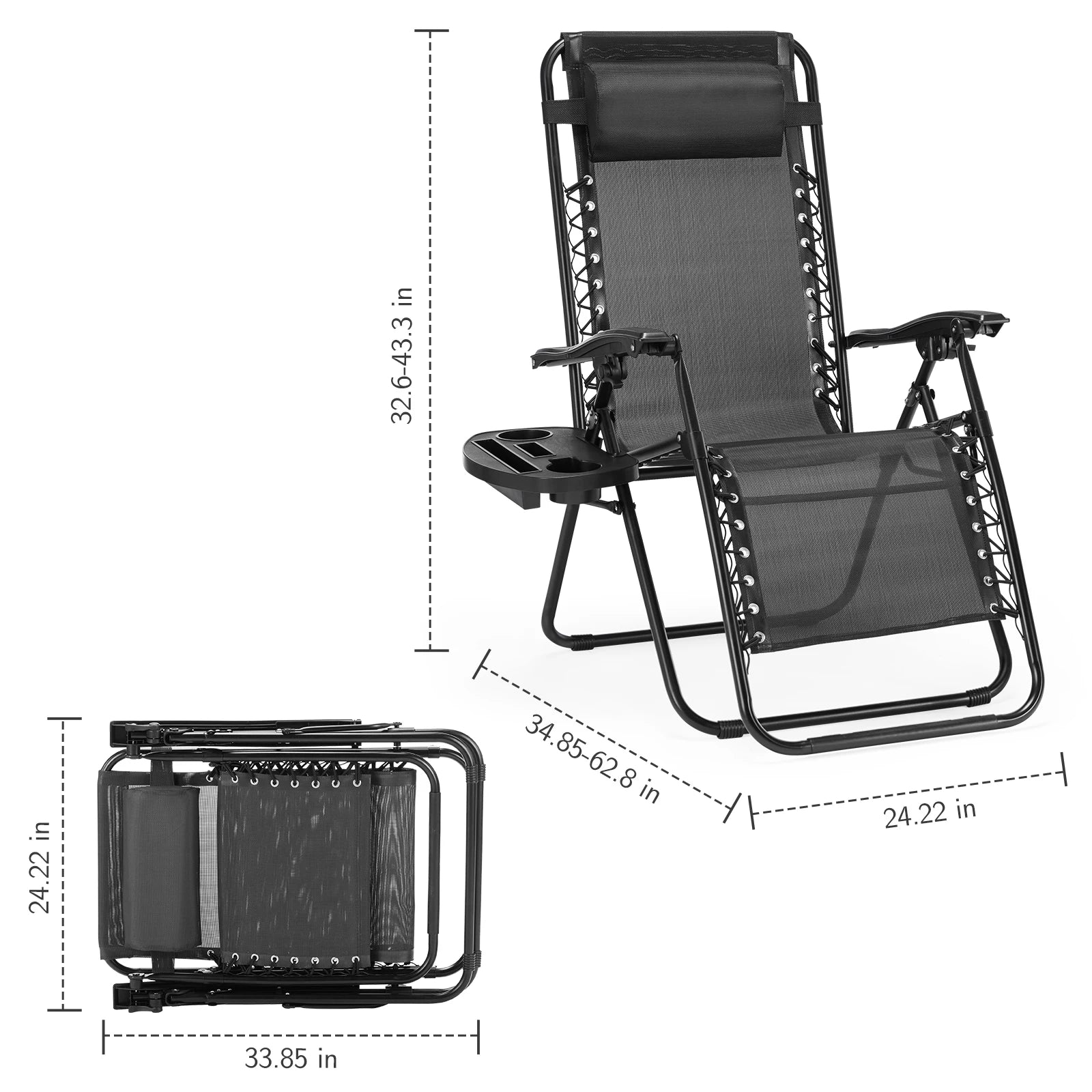 JKH Zero Gravity Set 2 Chairs Cup Holder Trays Adjustable Pillow