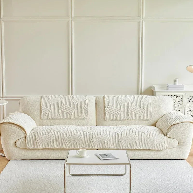 Wave Striped Sofa Cover, Solid Colors, Non-Slip Thicken Plush,