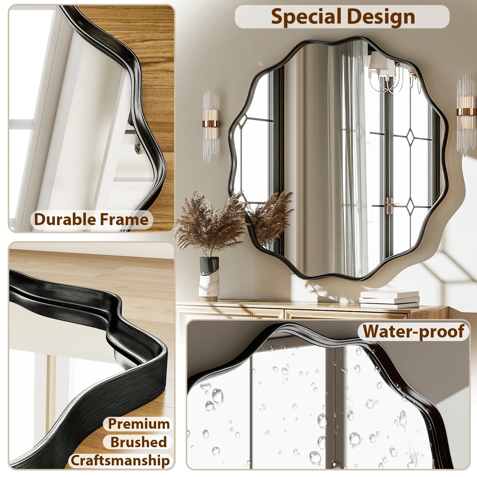 Wavy Round Mirror Decorative Wall Mirror with Deep Frame
