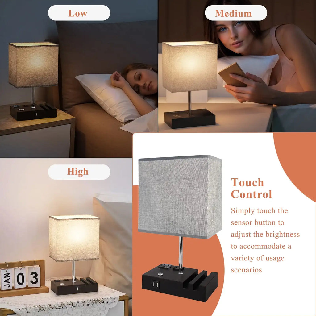 15.7" Bedside Lamp Dual Fast USB Charging Ports, Dimmable Lamp