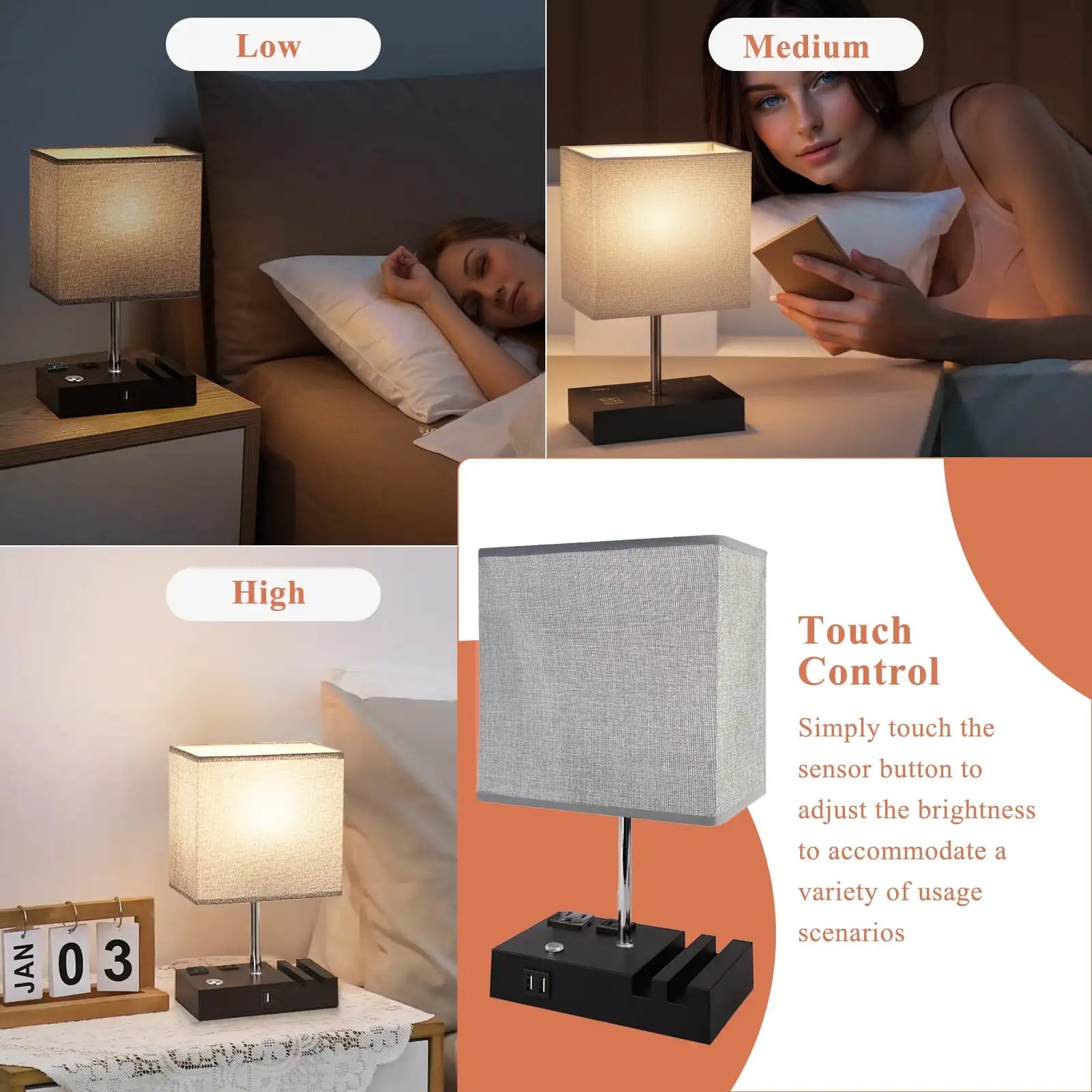 15.7" Bedside Lamp Dual Fast USB Charging Ports, Dimmable Lamp