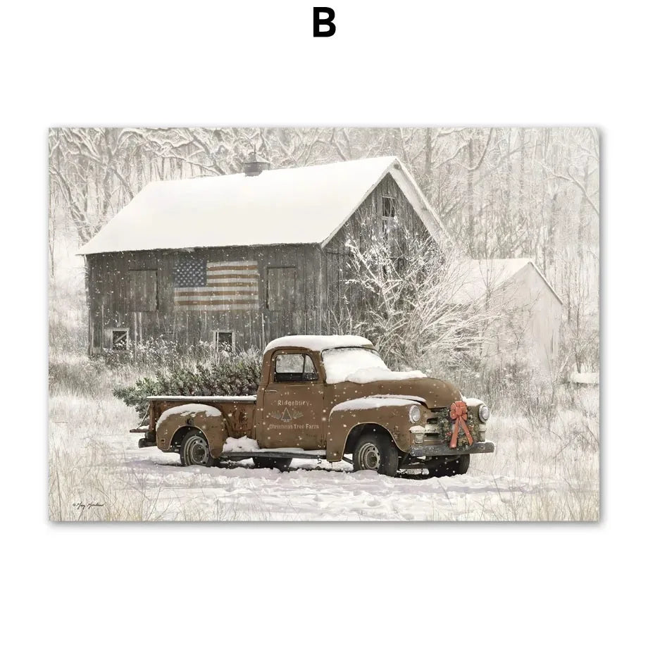 Wall Art Canvas Winter Snow House, Pine Tree, Reindeer