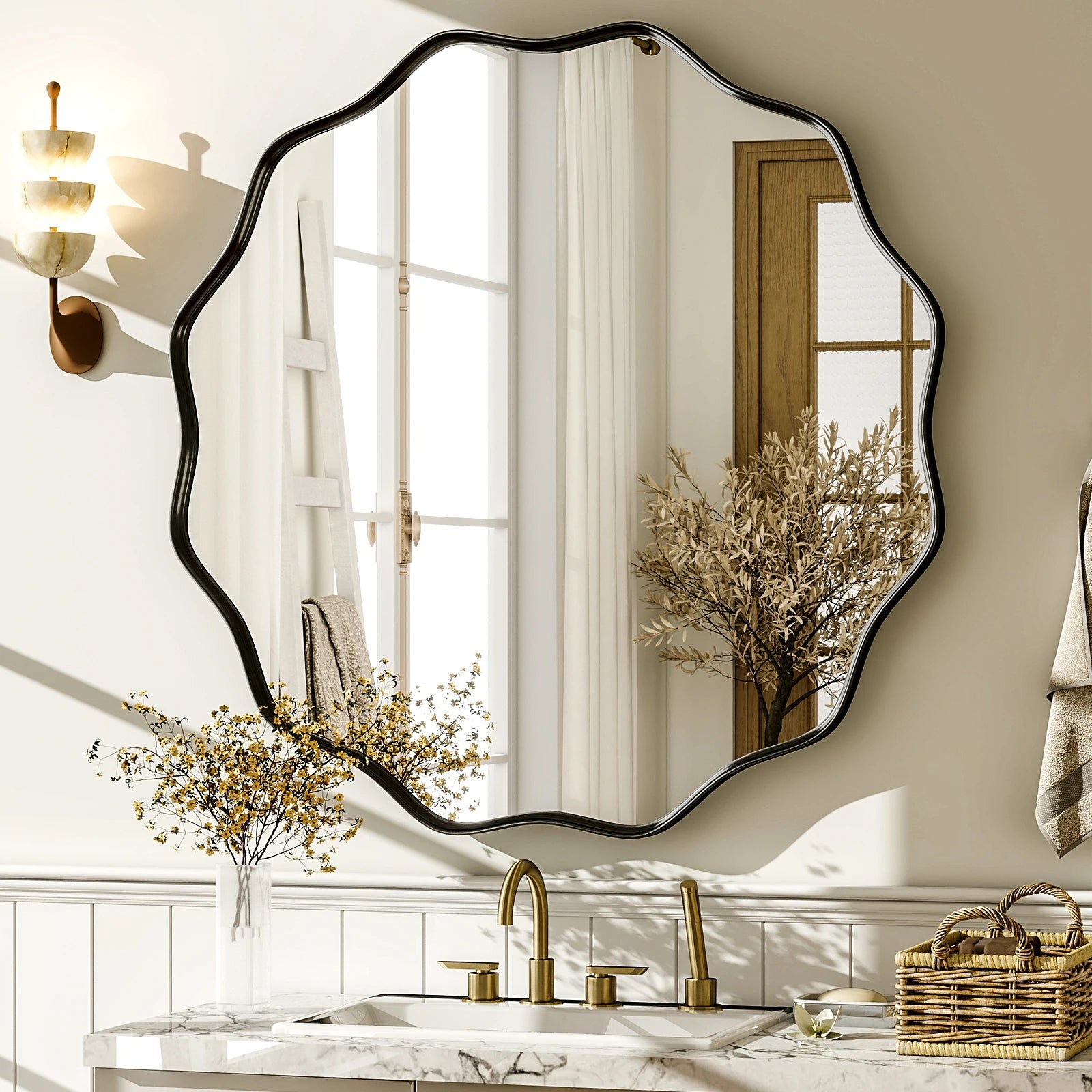 Wavy Round Mirror Decorative Wall Mirror with Deep Frame