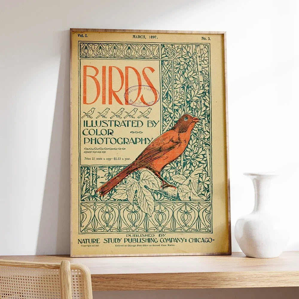 Vintage Bird Art Print Poster Antique Bird Sketch Wall Art Canvas Painting Vintage Country Bird Neutral Farmhouse Room Decor