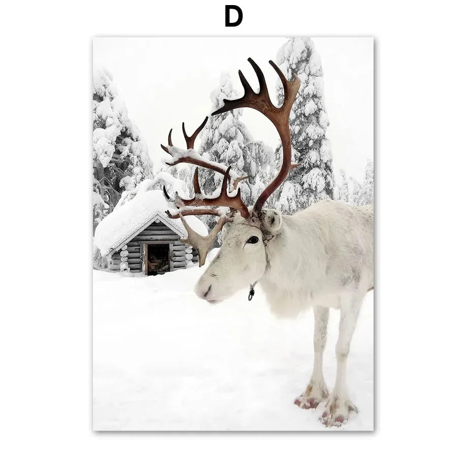 Wall Art Canvas Winter Snow House, Pine Tree, Reindeer