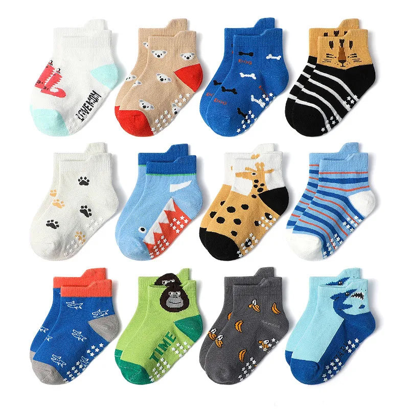 Kids Socks 6 Pairs Cartoon Animal Pattern Cotton Non-slip For Boys