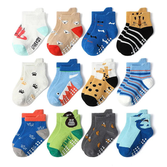 Kids Socks 6 Pairs Cartoon Animal Pattern Cotton Non-slip For Boys
