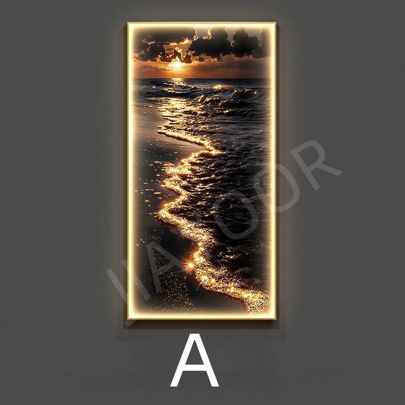 Modern LED Wall Hanging Painting Gold Sea Wave, Entrance, Living Room