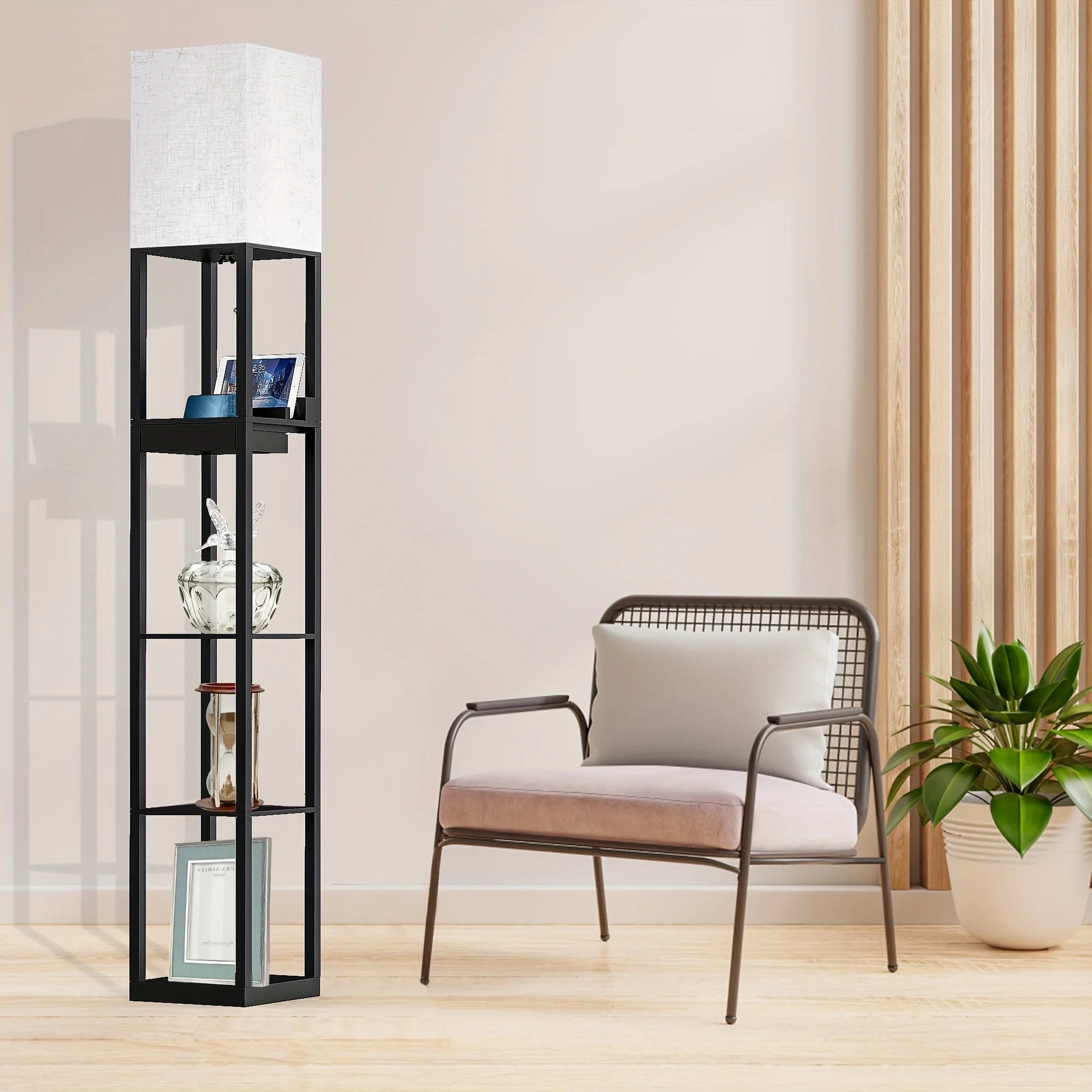 67" Column Floor Lamp With Shelves, Solid Wood, USB, Storage Drawer