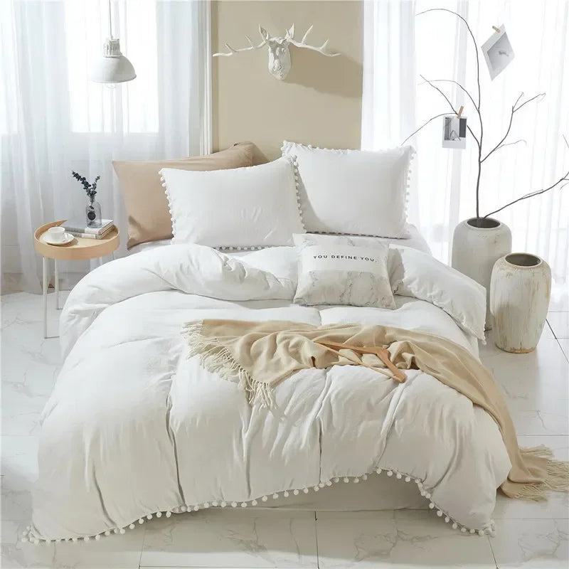 Solid Color Soft Washed Duvet Cover 3 Pieces Set Pillowcase Bedding Set for Twin Full Queen King Size Cute Pom-pom Decorative Edging