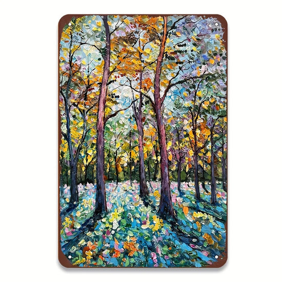 Vibrant Fall Forest Metal Wall Art, 8x12 Inch Abstract Impressionist Autumn Leaves Painting for Home Decor