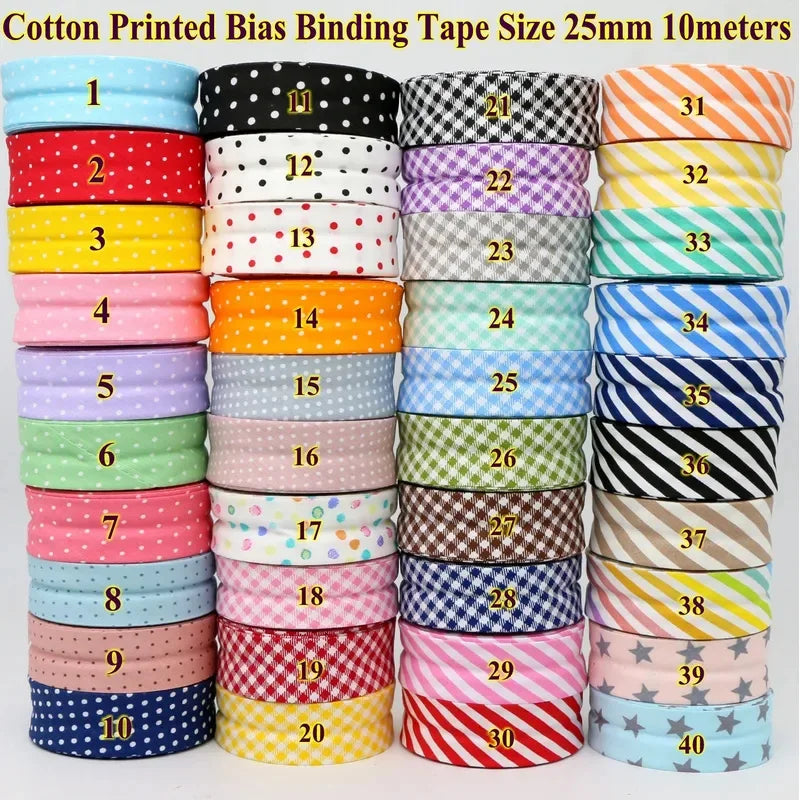 Cotton Bias Tape Ribbon Dots Grid Stripe Tartan Checked Scottish Printed 25mm 1" 10m Cotton Twill Fabric Fold