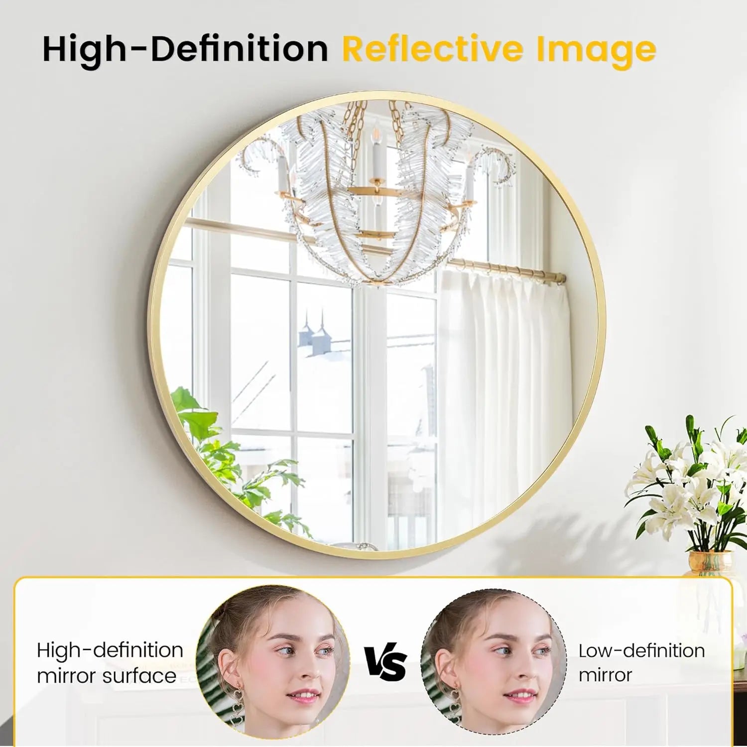 E-Thick Round Mirror Gold Aluminum Frame Wall Mounted