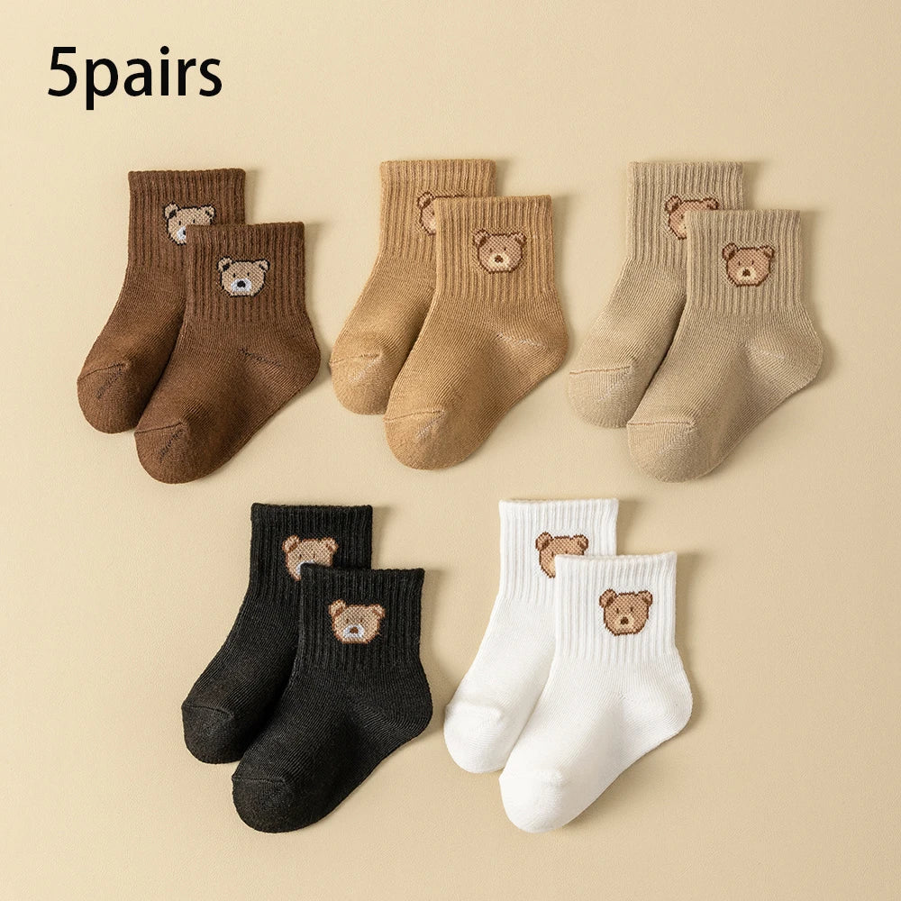 Cartoon Bear Pattern Toddler Baby Socks, 5 Pairs, Comfortable Breathable Footwear