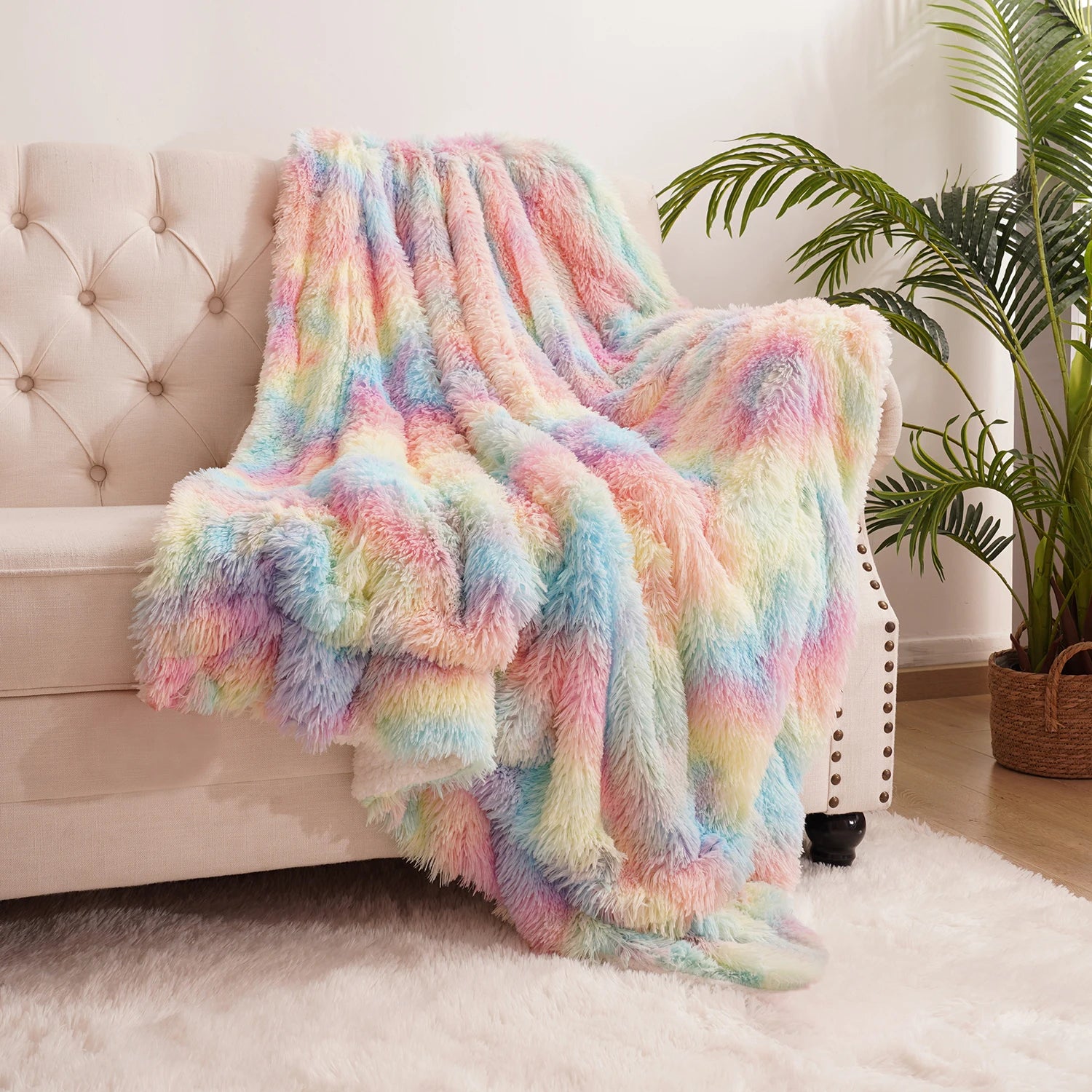 Soft Rainbow Fluffy Plush Blanket, Bedspread, Sofa Blanket