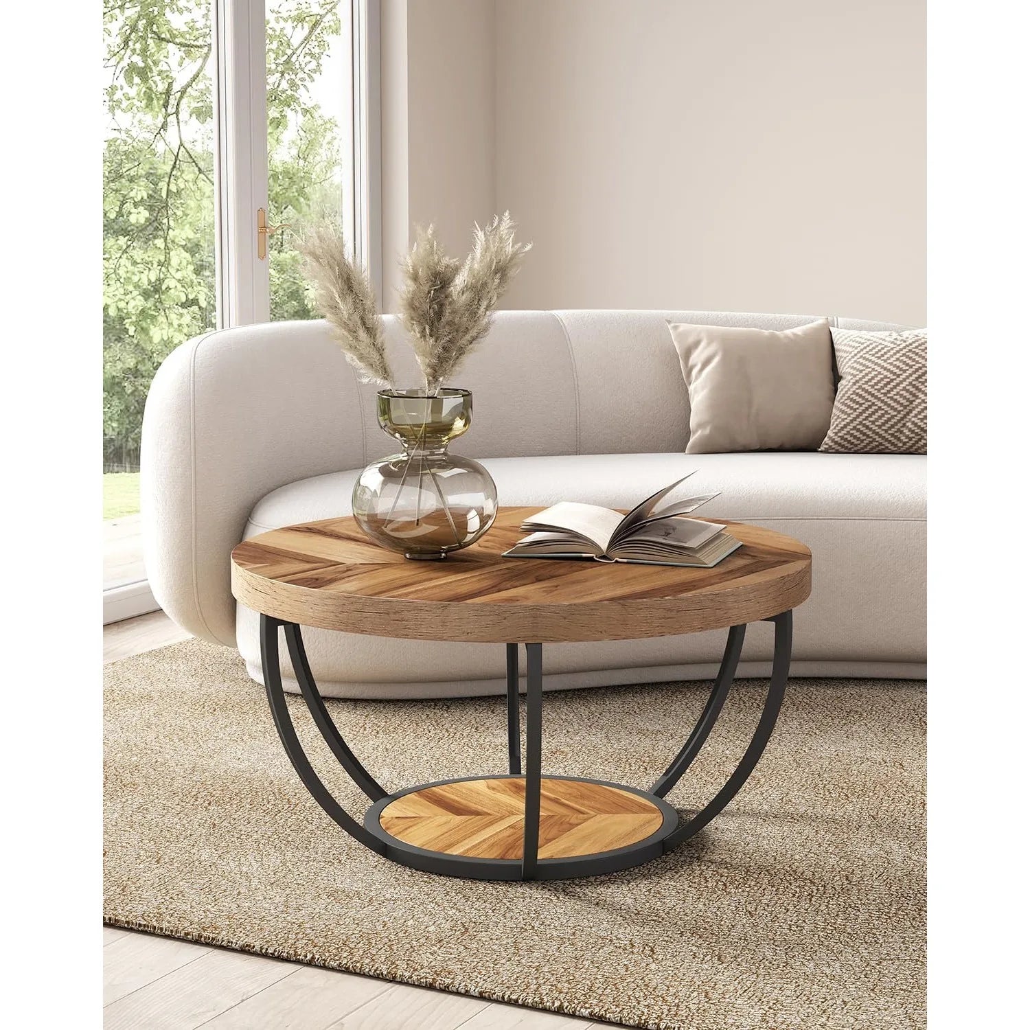 32" Circle Coffee Tables, 2-Tier Metal legs, With Open Storage