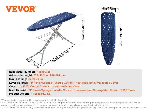 SucceBuy Full Size Ironing Boards 4/3Layers Heat Resistand Structure Height Adjustable&Foldable Legs W/ Removable&Washable Cover