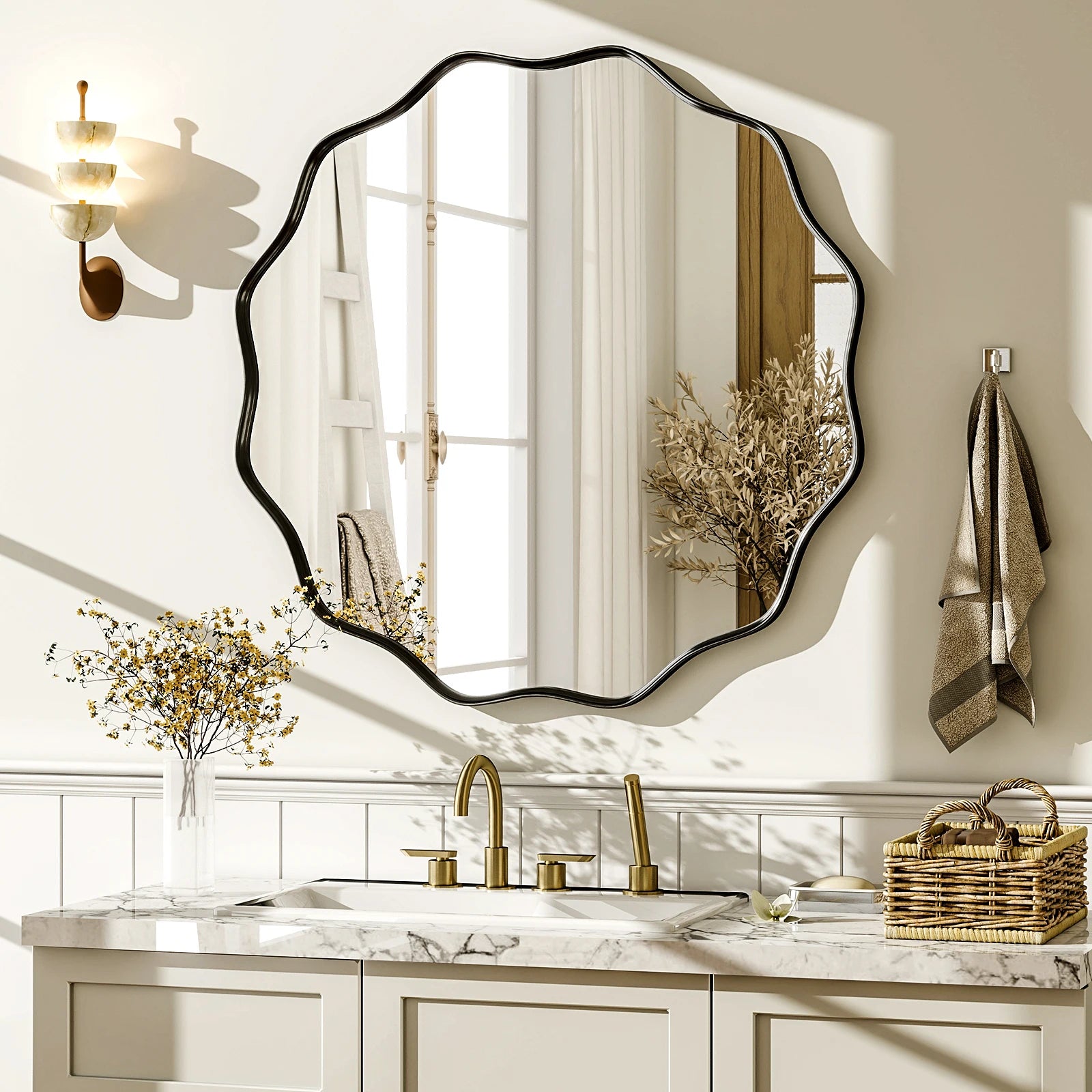 Wavy Round Mirror Decorative Wall Mirror with Deep Frame