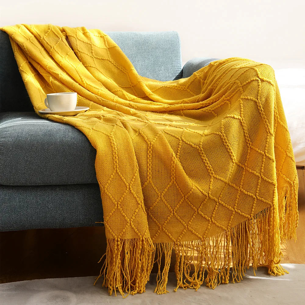 Khaki Knitted Throw/Blanket With Fringe Luxury Farmhouse
