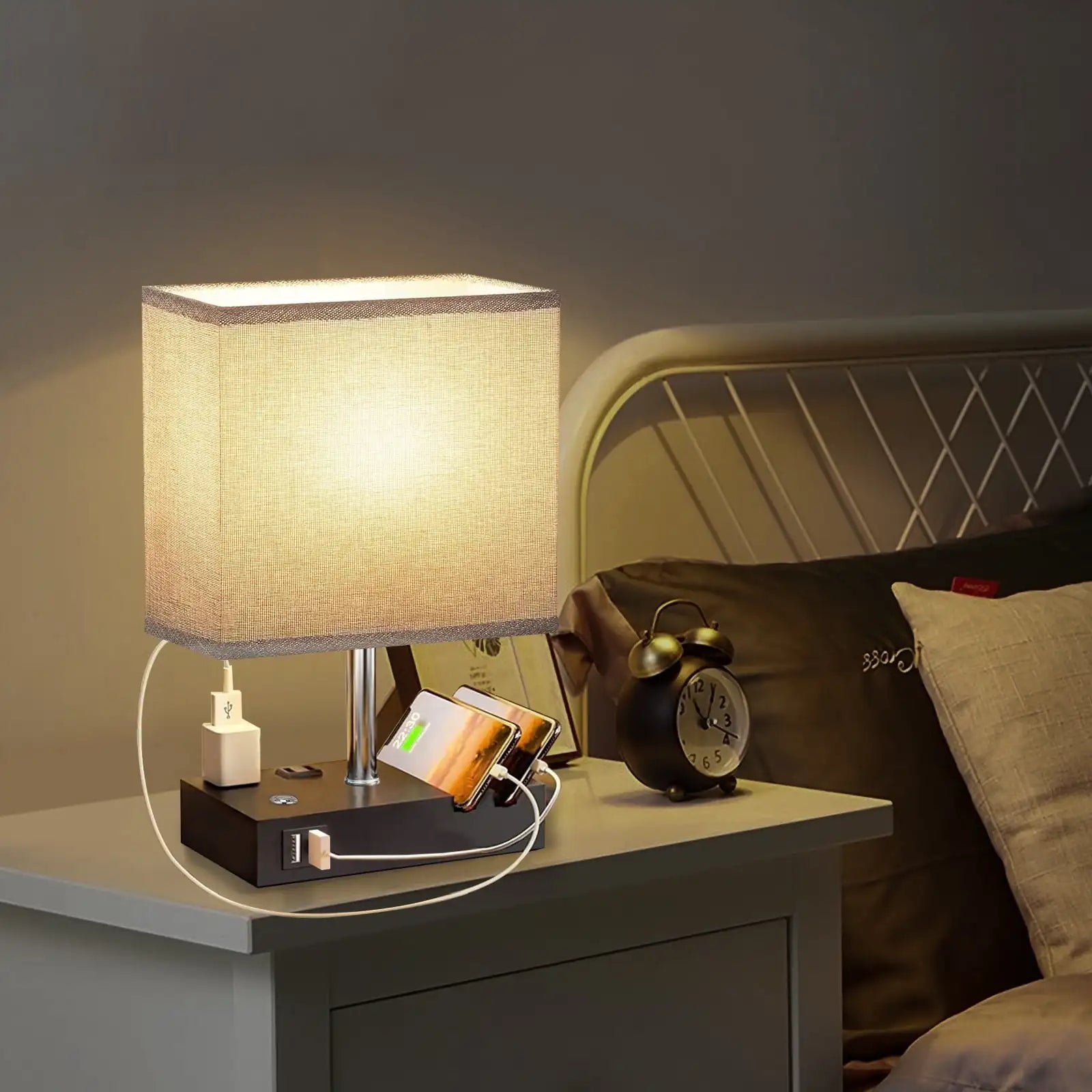 15.7" Bedside Lamp Dual Fast USB Charging Ports, Dimmable Lamp