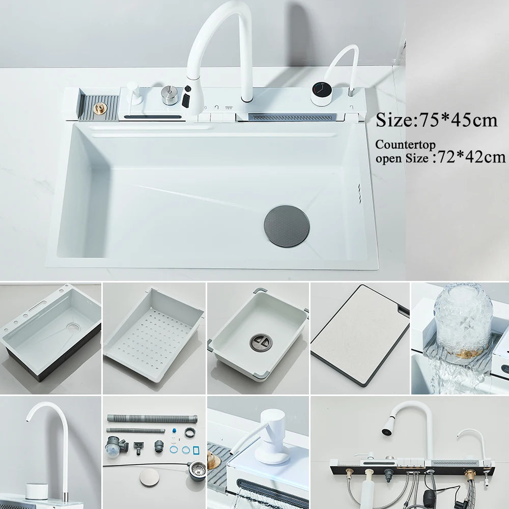 304 Stainless Steel Waterfall Kitchen Sink Integrated Digital Display Faucet