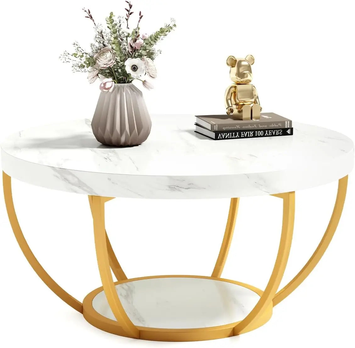 32" Circle Coffee Tables, 2-Tier Metal legs, With Open Storage