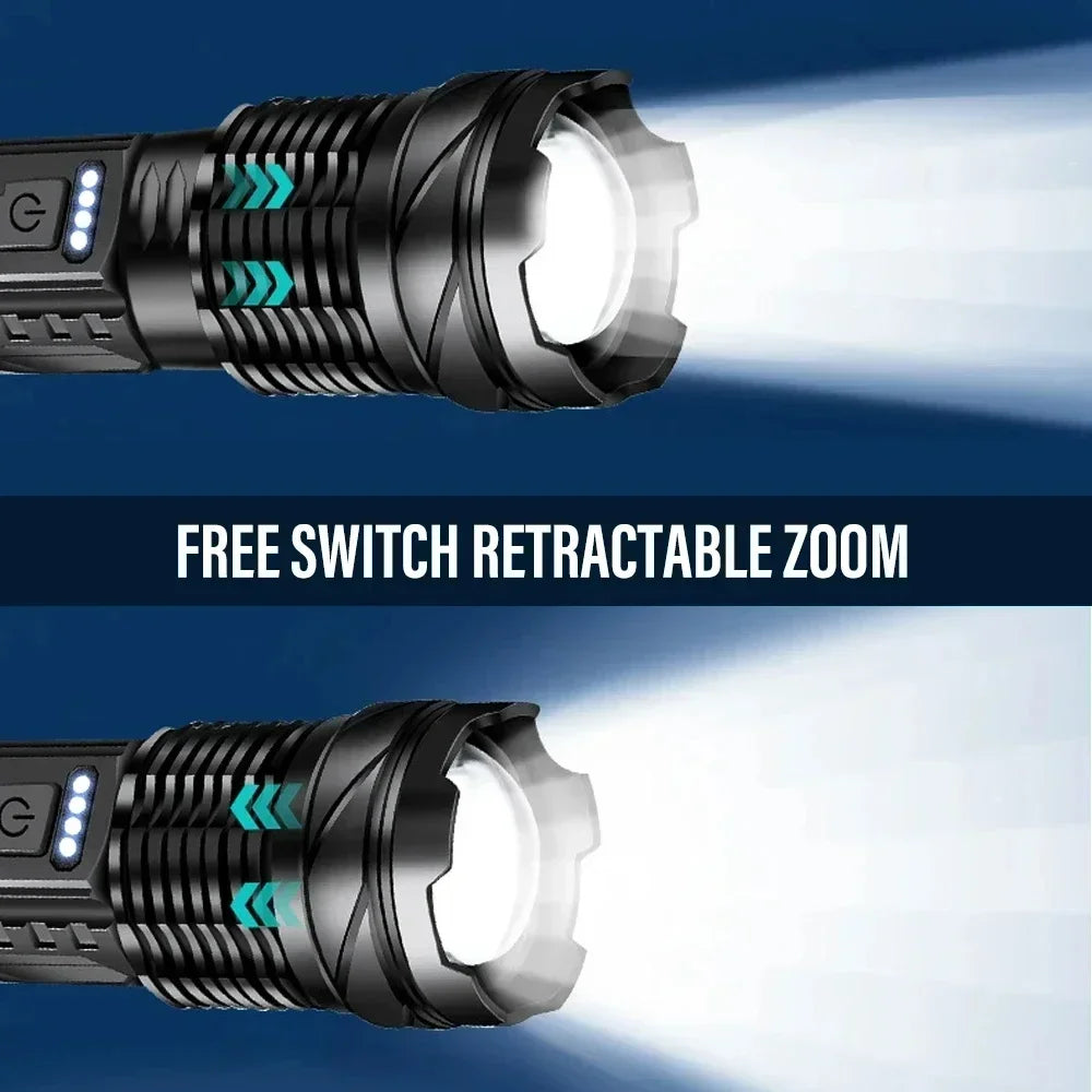 Rechargeable LED Flashlight Zoomable Torch COB Side Led 7 Modes Waterproof High Power, Outdoor