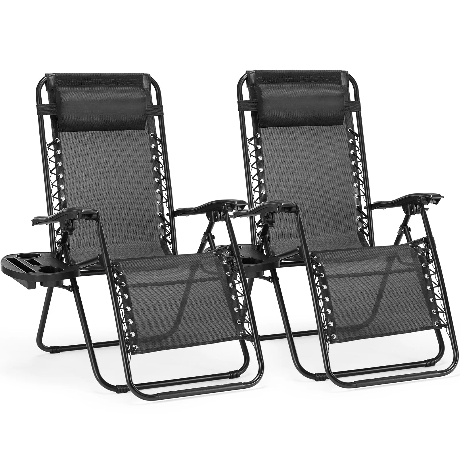 JKH Zero Gravity Set 2 Chairs Cup Holder Trays Adjustable Pillow