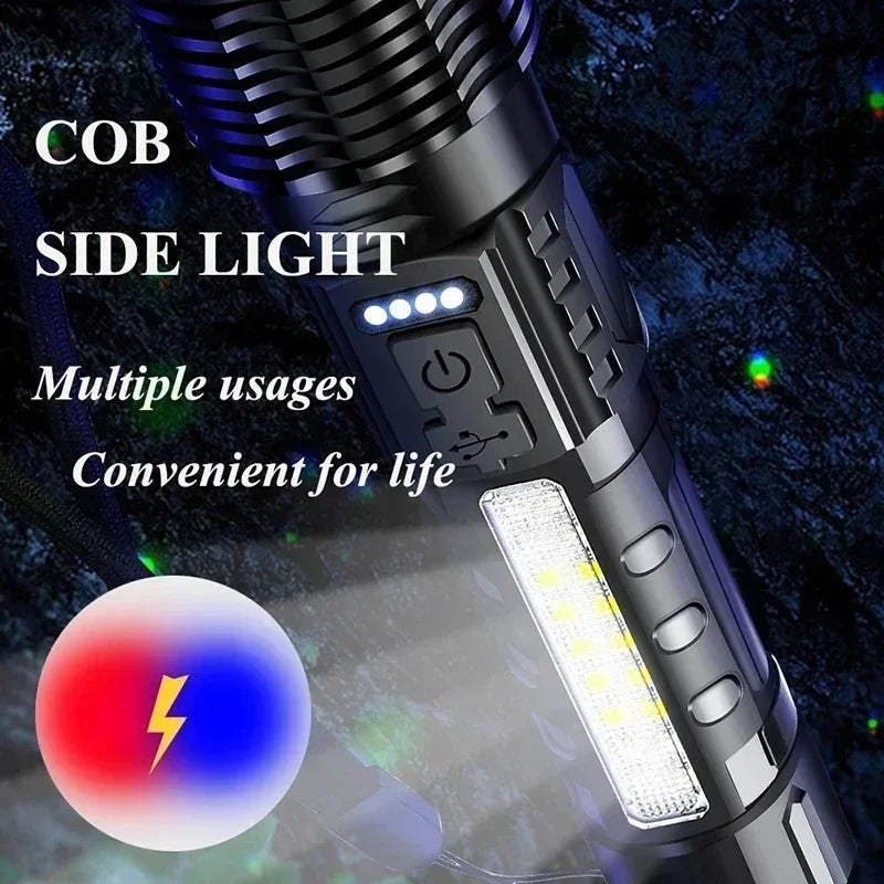 Rechargeable LED Flashlight Zoomable Torch COB Side Led 7 Modes Waterproof High Power, Outdoor
