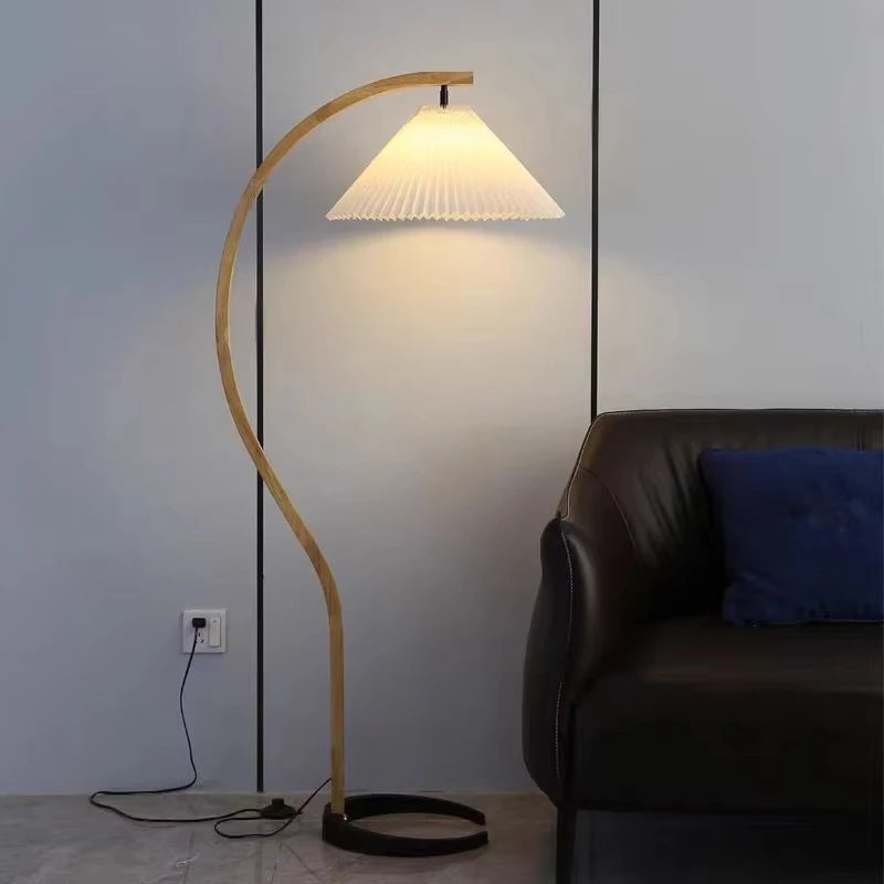 Room Decoration Floor Lamp Atmosphere Living Room High-End Feeling Bedroom Study Pleated Solid Wood Antique Standing Table Lamp