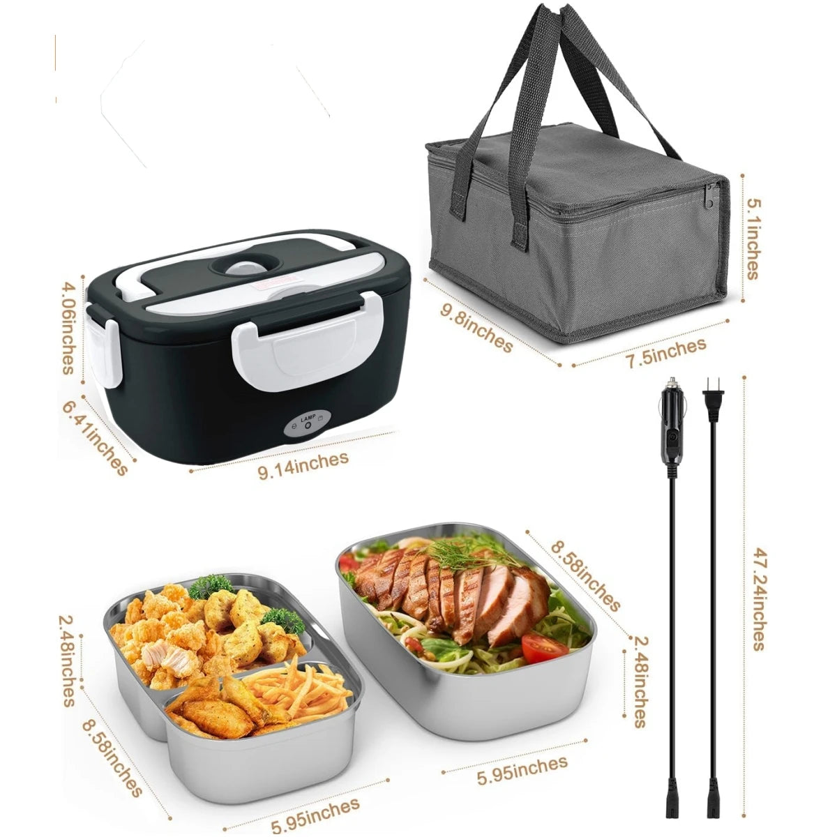 Electric Lunch Box for Adults-60W Fast Heated Lunch Box for Men & Women with Dual 1.5LStainless Steel Containers Fast Heating Portable