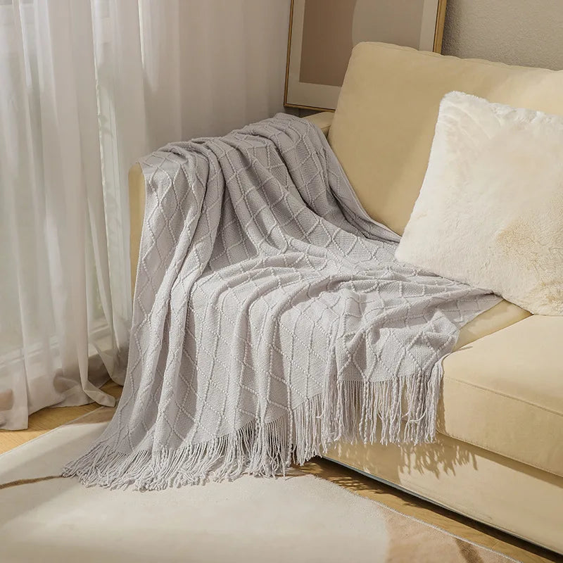 Khaki Knitted Throw/Blanket With Fringe Luxury Farmhouse