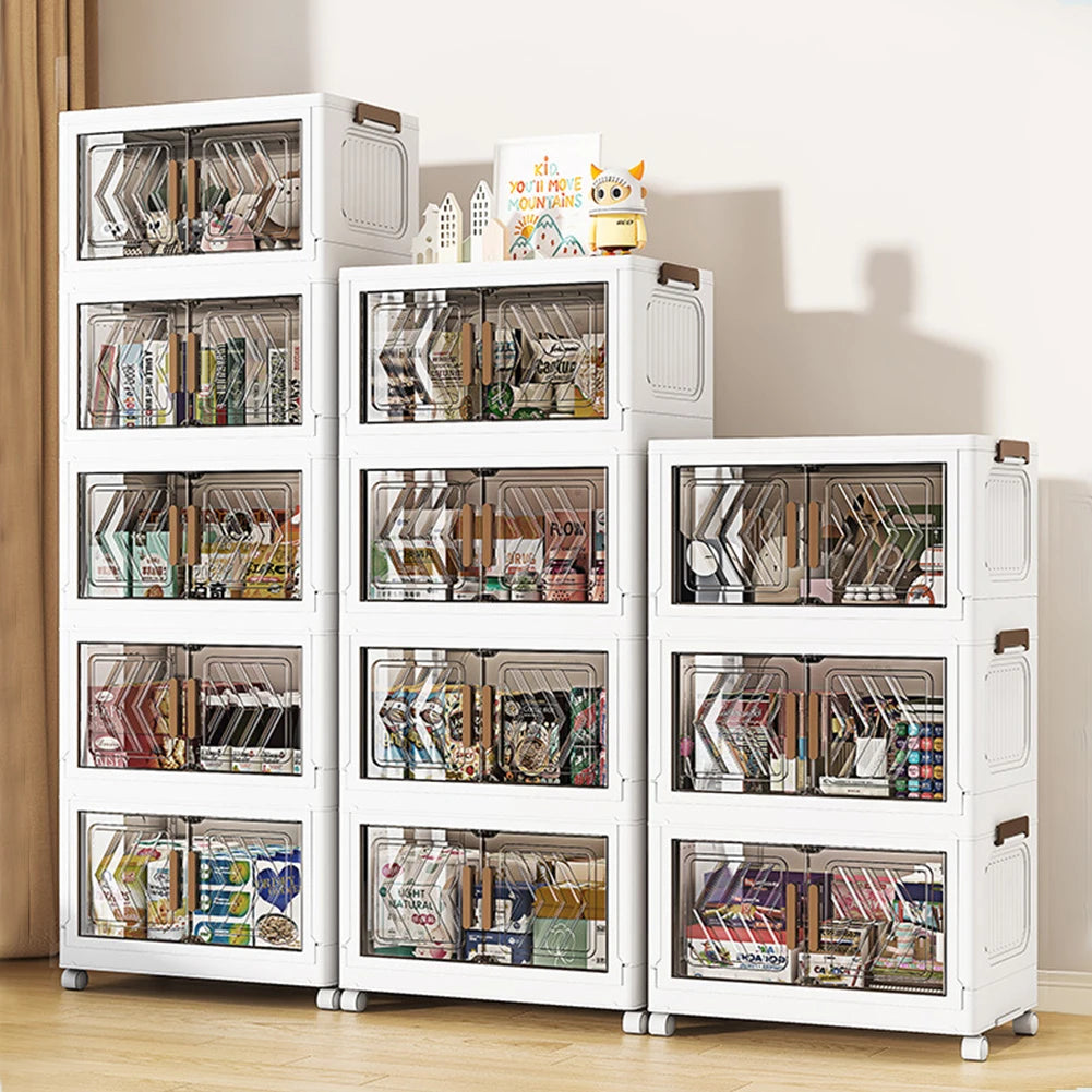 4 Tier Stackable Storage Bins With Lids, Doors, And Wheels. Foldable Organization