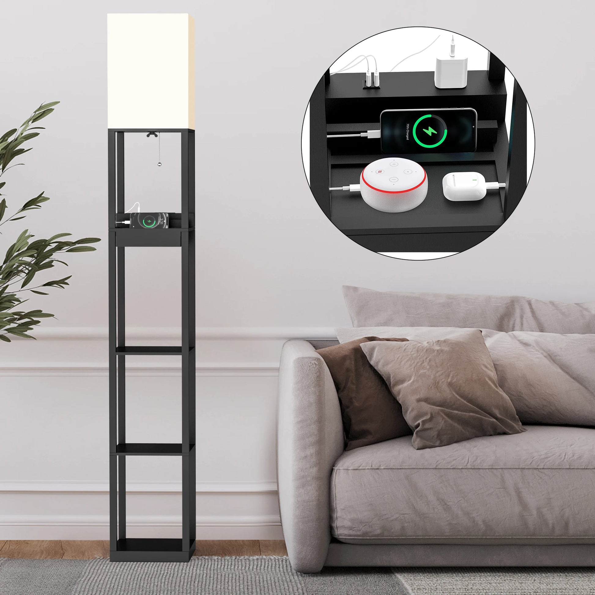 67" Column Floor Lamp with Shelves, Solid Wood, USB Ports, Storage Drawer and Bulb Included