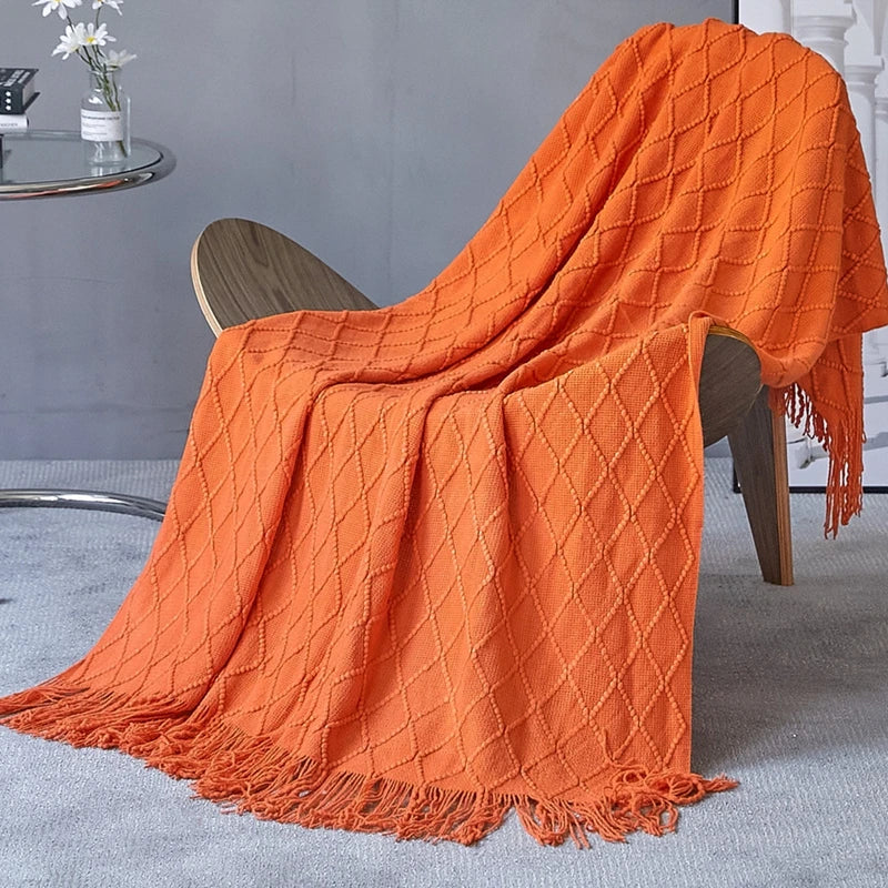 Khaki Knitted Throw/Blanket With Fringe Luxury Farmhouse