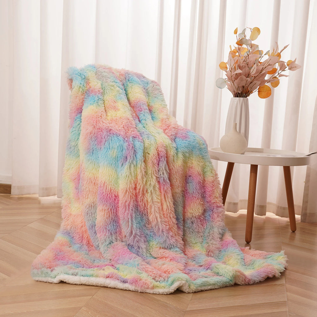Soft Rainbow Fluffy Plush Blanket, Bedspread, Sofa Blanket