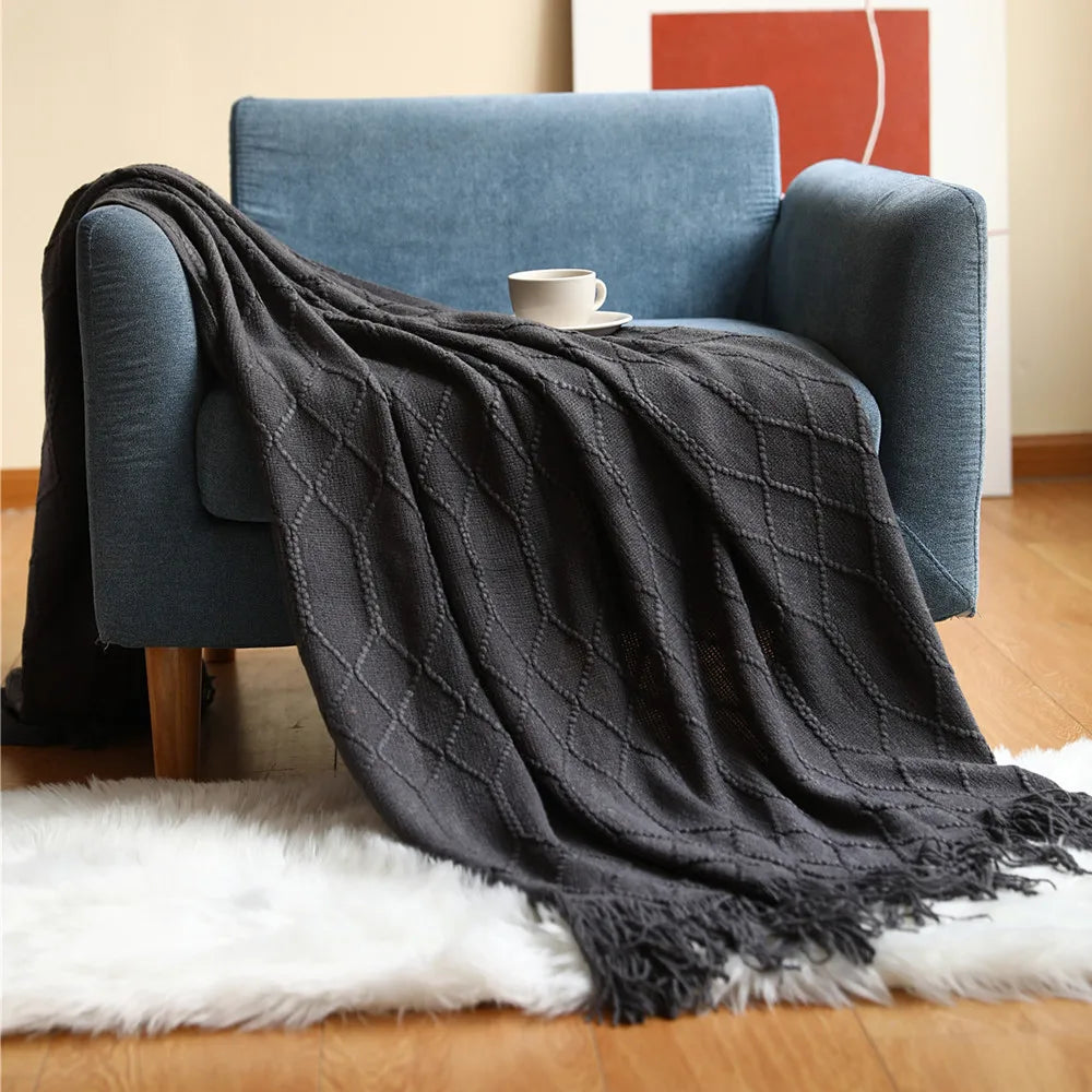 Nordic Knitted Throw Blanket with Fringe Luxury Bed or Sofa