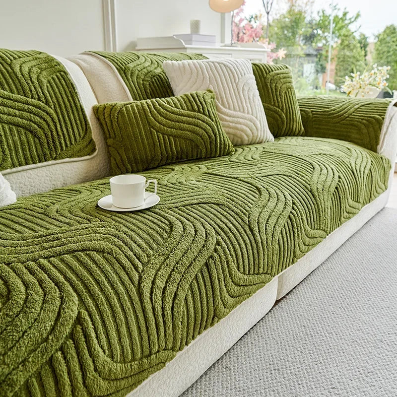 Wave Striped Sofa Cover, Solid Colors, Non-Slip Thicken Plush,